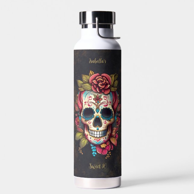 Floral Sugar Skull Sweet 16 Birthday Water Bottle (Left)