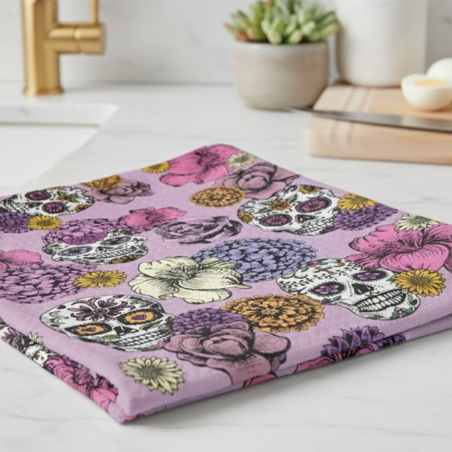 Floral Sugar Skulls Dia de los Muertos Tea Towel (Lilac Floral Sugar Skulls Dia de los Muertos Kitchen Towels. Mexican Skull, Flower Halloween Pattern)
