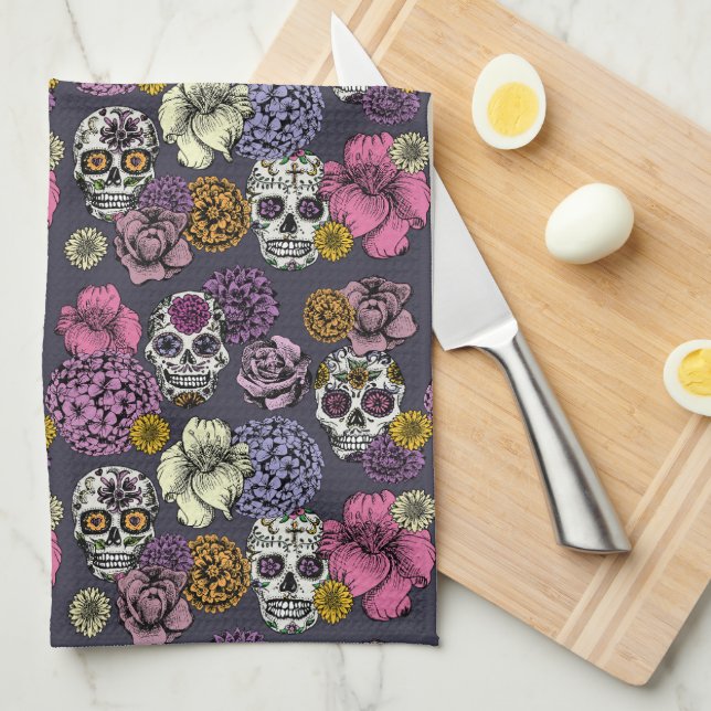 Floral Sugar Skulls Dia de los Muertos Tea Towel (Quarter Fold)