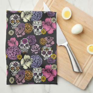 Floral Sugar Skulls Dia de los Muertos Tea Towel