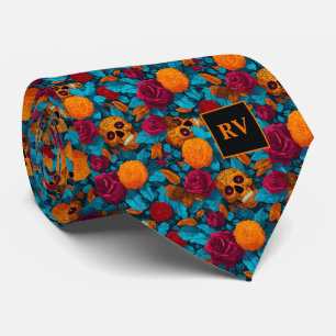 Floral Sugar Skulls in Red and Teal Tie