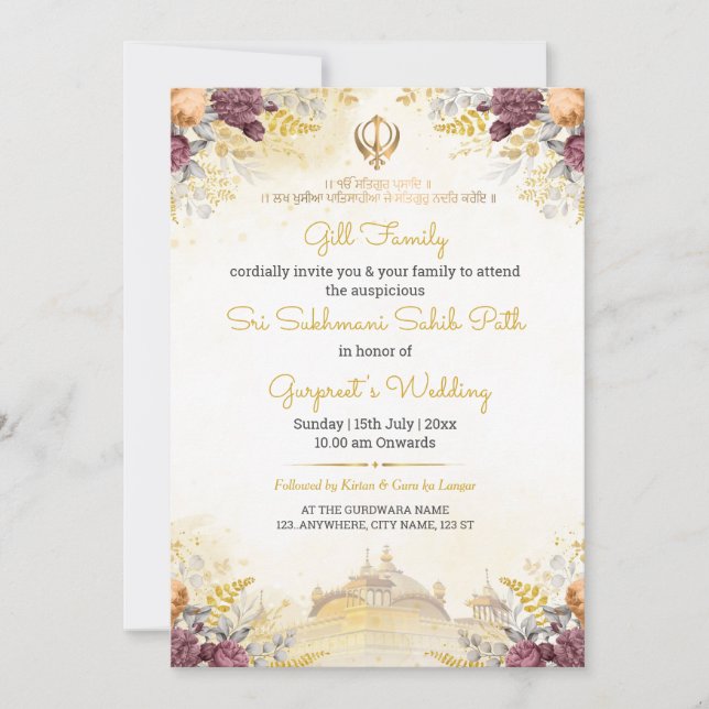 Floral Sukhmani Sahib Path Invitation card (Front)