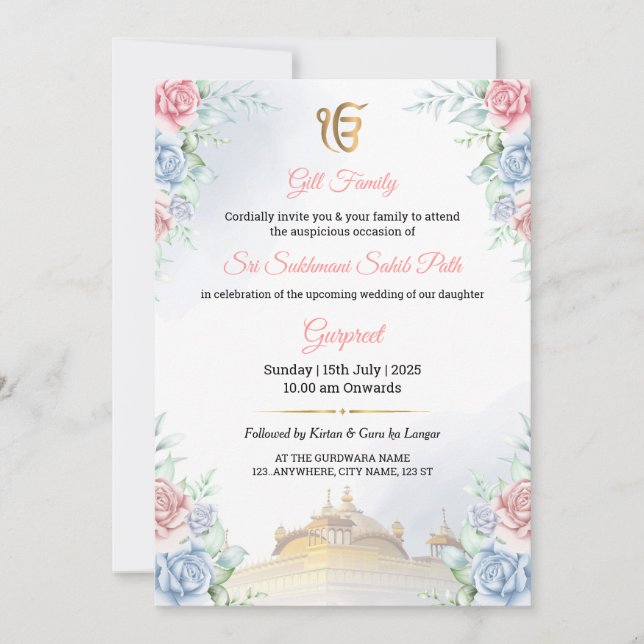 Floral Sukhmani Sahib Path Invitation card (Front)