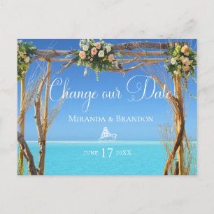 Floral Summer Beach Wedding Arch Change our Date Announcement Postcard