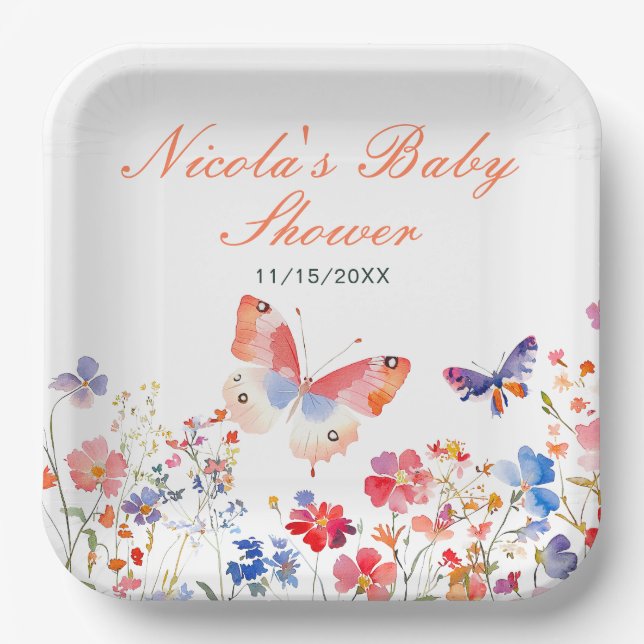Floral Summer Butterfly Baby Shower Paper Plate (Front)