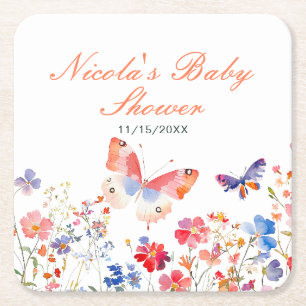 Floral Summer Butterfly Baby Shower Square Paper Coaster