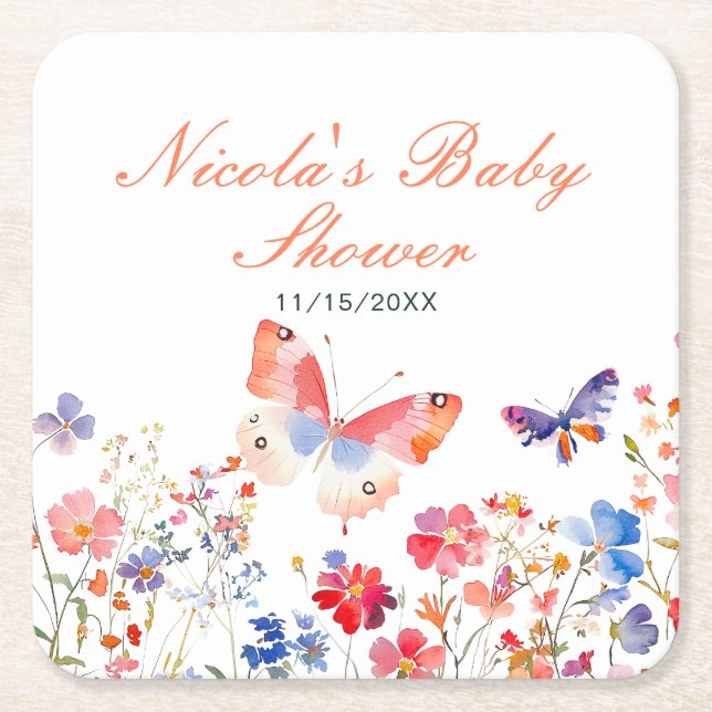 Floral Summer Butterfly Baby Shower Square Paper Coaster (Front)
