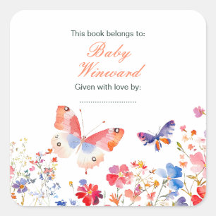 Floral Summer Butterfly Baby Shower Square Sticker