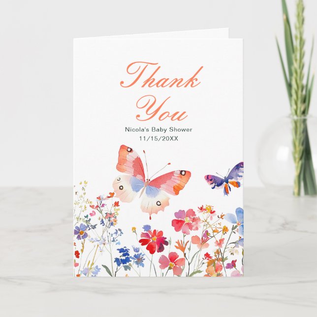 Floral Summer Butterfly Baby Shower Thank You Card (Front)