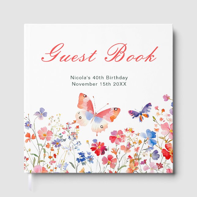Floral Summer Butterfly Birthday Party Guest Book (Front)