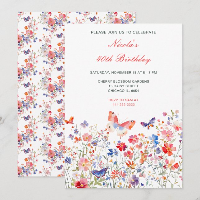 Floral Summer Butterfly Birthday Party Invitation (Front/Back)