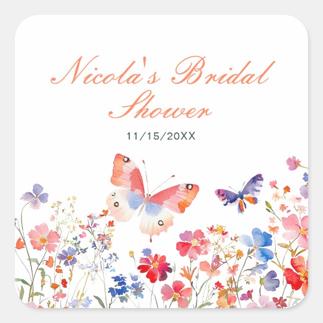 Floral Summer Butterfly Bridal Shower Square Sticker (Front)