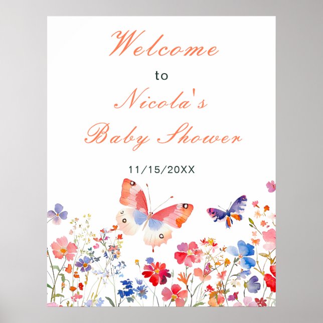 Floral Summer Butterfly Bridal Shower Welcome Poster (Front)