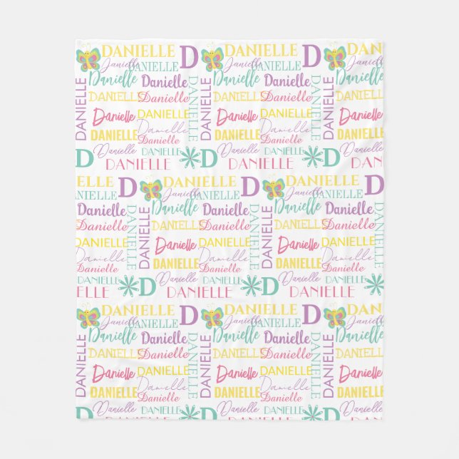 Floral Summer Butterfly Name and Monogram Pattern Fleece Blanket (Front)