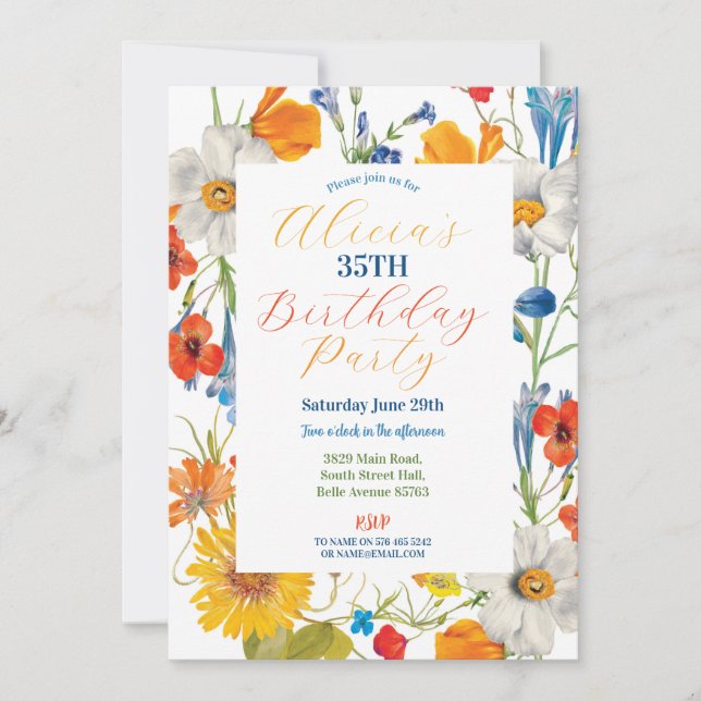 Floral Summer Colour Flowers Blue Birthday Womens Invitation (Front)