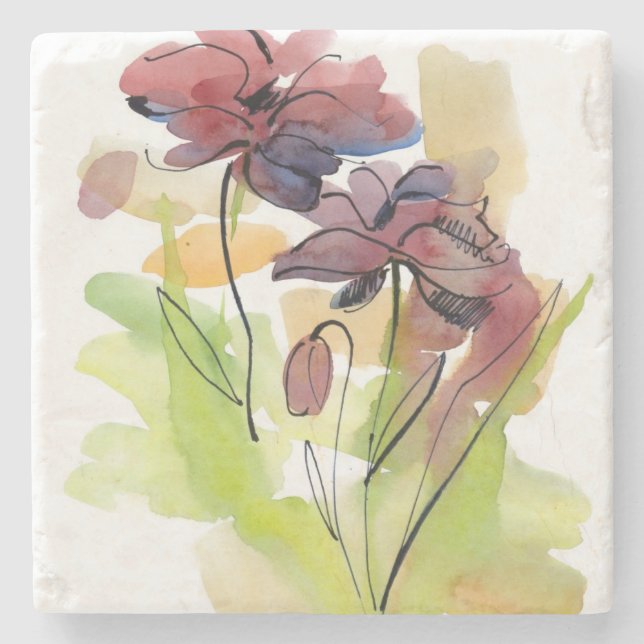 Floral summer design with hand-painted abstract 2 stone coaster (Front)
