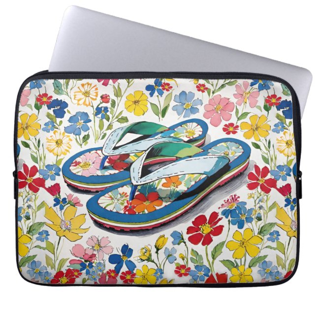Floral Summer Flip Flops and Wildflowers Laptop Sleeve (Front)