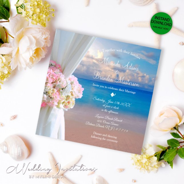 Floral Summer Sunset Ocean Tropical Beach Wedding Invitation (Creator Uploaded)