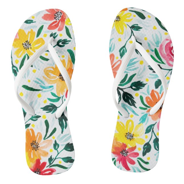 Floral Summery Watercolor Flowers Illustration Flip Flops (Footbed)