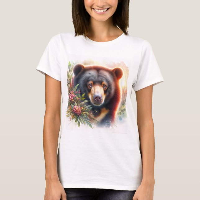 Floral Sun Bear Watercolor Illustration T-Shirt (Front)