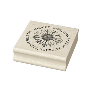 Floral Sunflower #2A Name Address Round Rubber Stamp