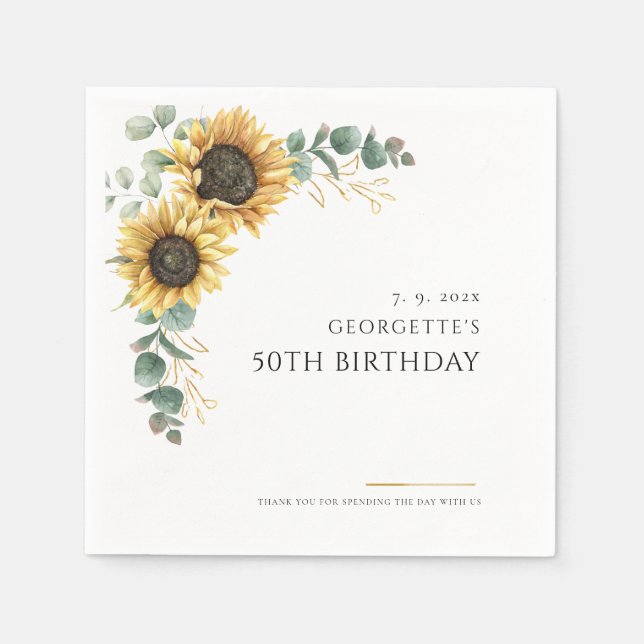 Floral Sunflower 50th Birthday Paper Napkin (Front)