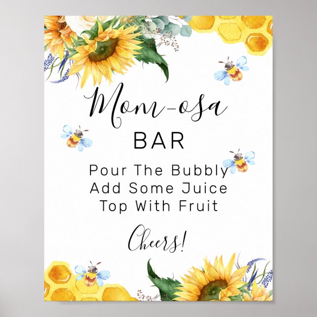Floral Sunflower Bee Baby Shower Mom-osa Bar Sign (Front)