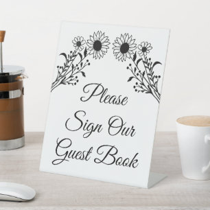 Floral Sunflower Black White Wedding Guest Book Pedestal Sign