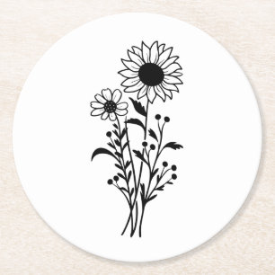 Floral Sunflower Black White Wedding Party     Round Paper Coaster
