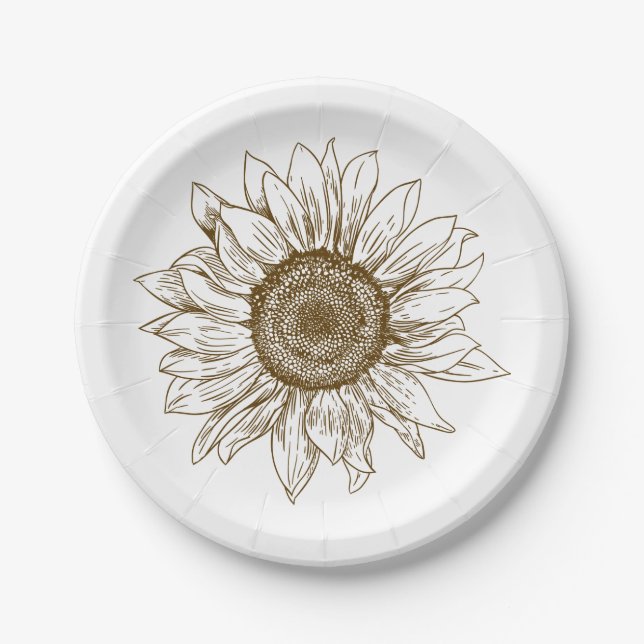 Floral Sunflower Brown Flower Rustic Wedding Party Paper Plate (Front)