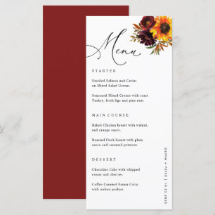 Floral Sunflower Burgundy Fall Wedding Reception Menu