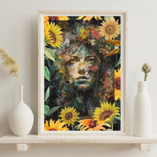 Floral  Sunflower Collage Yellow Woman Portrait Poster