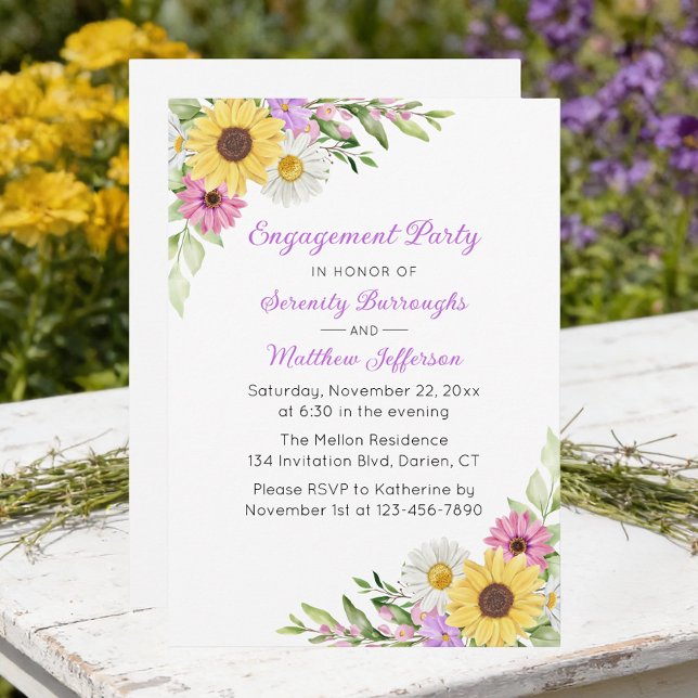 Floral Sunflower Daisy Wildflower Engagement Party Invitation (Creator Uploaded)