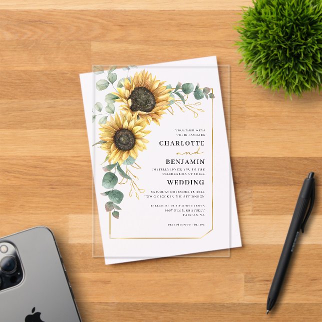 Floral Sunflower Elegant Wedding Acrylic Invitations (Insitu (Invitation Card))