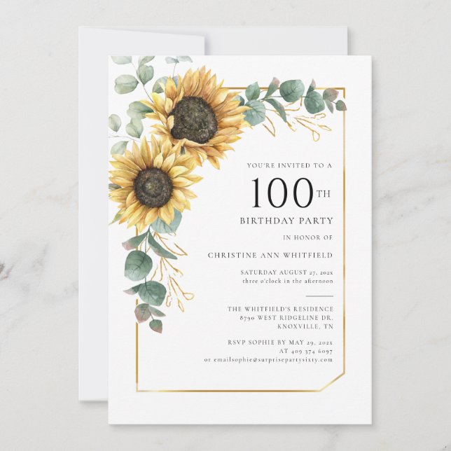 Floral Sunflower Eucalyptus 100th Birthday Invitation (Front)