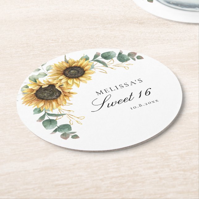 Floral Sunflower Eucalyptus 16th Birthday Party Round Paper Coaster (Angled)