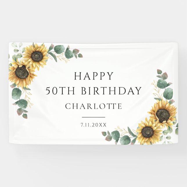 Floral Sunflower Eucalyptus 50th Birthday  Banner (Horizontal)
