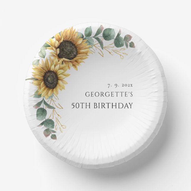 Floral Sunflower Eucalyptus 50th Birthday Paper Plate (Front)