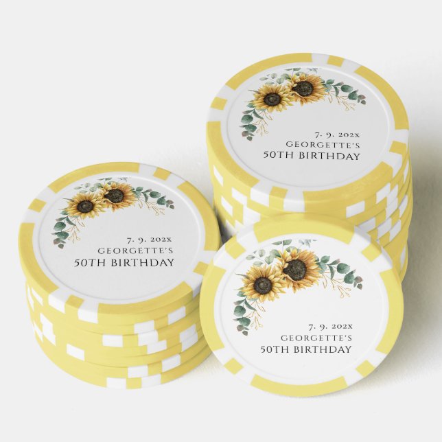 Floral Sunflower Eucalyptus 50th Birthday Poker Chips (Stack)