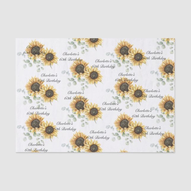 Floral Sunflower Eucalyptus 60th Birthday Custom Tissue Paper (Front)