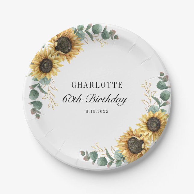 Floral Sunflower Eucalyptus 60th Birthday  Paper Plate (Front)