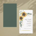 Floral Sunflower Eucalyptus Foliage Save The Date Card<br><div class="desc">Create a modern Sunflower Floral save the date card with this cute template featuring beautiful rustic floral bouquet, geometric gold effect frame, with modern simple typography. TIP: Matching wedding suite cards like RSVP, wedding programs, banners, tapestry, gift tags, signs, and other wedding keepsakes and goodies are available in the collection...</div>