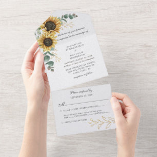 Floral Sunflower Eucalyptus Foliage Wedding All In One Invitation