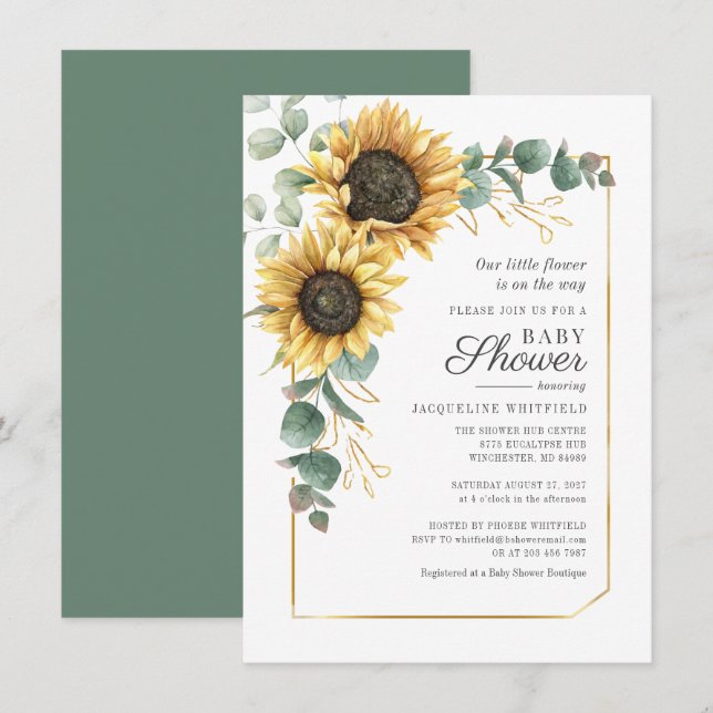Floral Sunflower Eucalyptus Greenery Baby Shower Invitation (Front/Back)