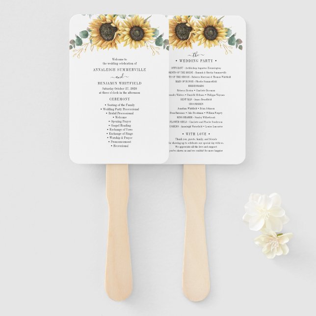Floral Sunflower Eucalyptus Leaves Wedding Program Hand Fan (Front and Back)