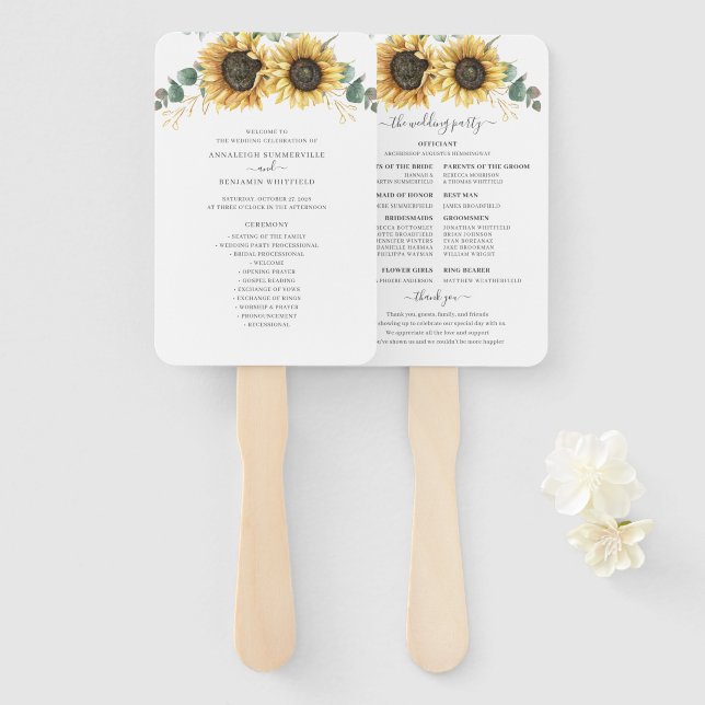 Floral Sunflower Eucalyptus Leaves Wedding Program Hand Fan (Front and Back)