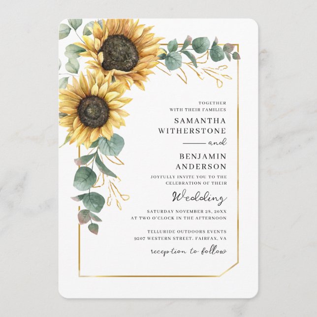 Floral Sunflower Eucalyptus QR Code Wedding Invitation (Front)