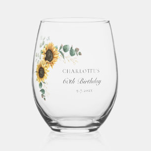 Floral Sunflower Eucalyptus Script 60th Birthday Stemless Wine Glass