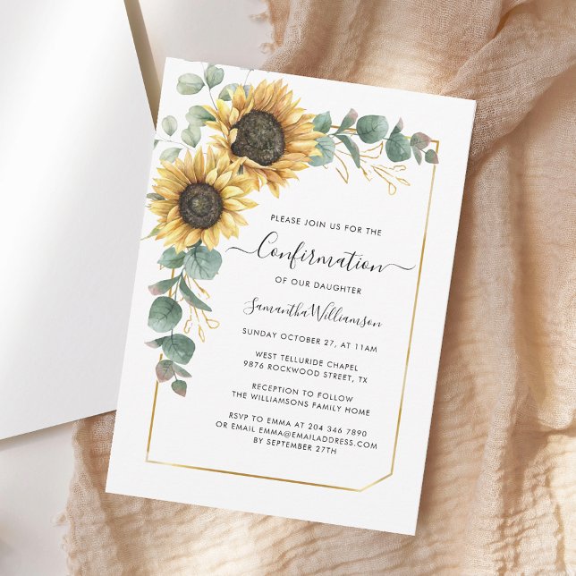 Floral Sunflower Eucalyptus Script Confirmation Invitation (Sunflower Eucalyptus Greenery Watercolor Confirmation Vellum Invitation)