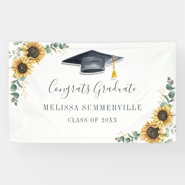 Floral Sunflower Eucalyptus Script Graduation Banner (Horizontal)